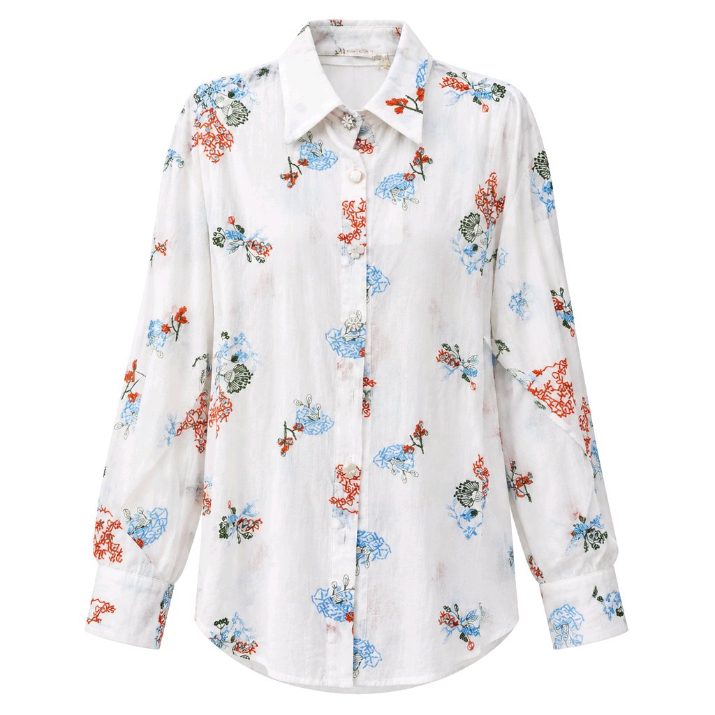White shirt with terracotta/sky embroidery