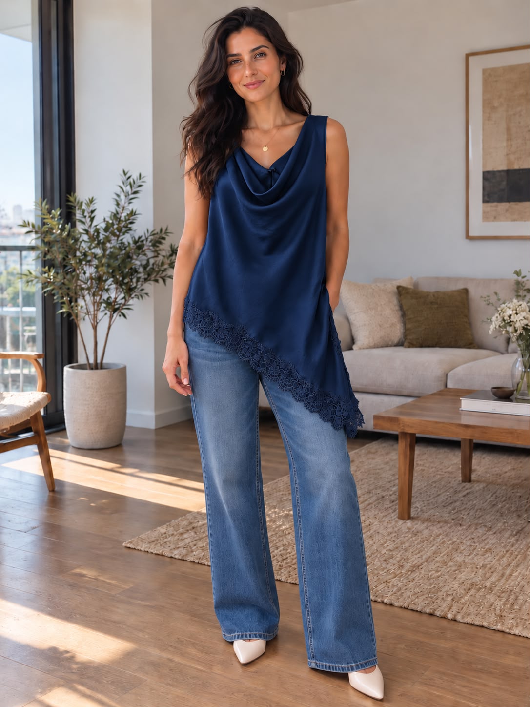 Sleeveless satin top with lace trim