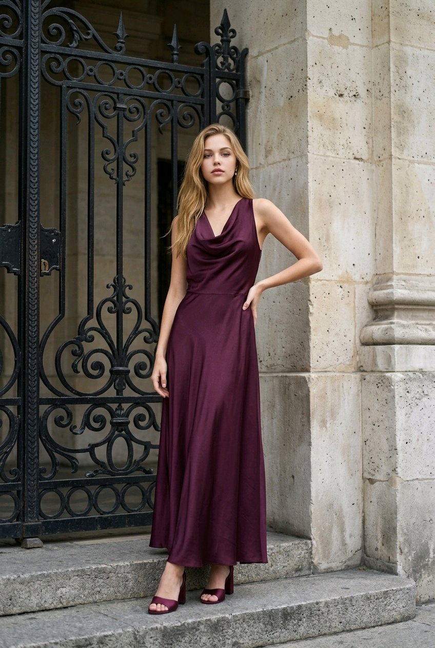Wine satin maxi dress with a cowl neck